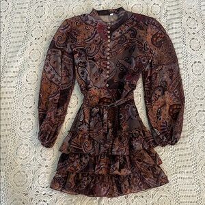 SHEIN Brown and Black Ruffled Tiered Long Sleeve Dress